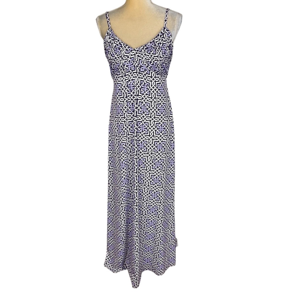New York &‎ Company Purple Greek Key Geometric Smocked Maxi Dress V Neck Medium